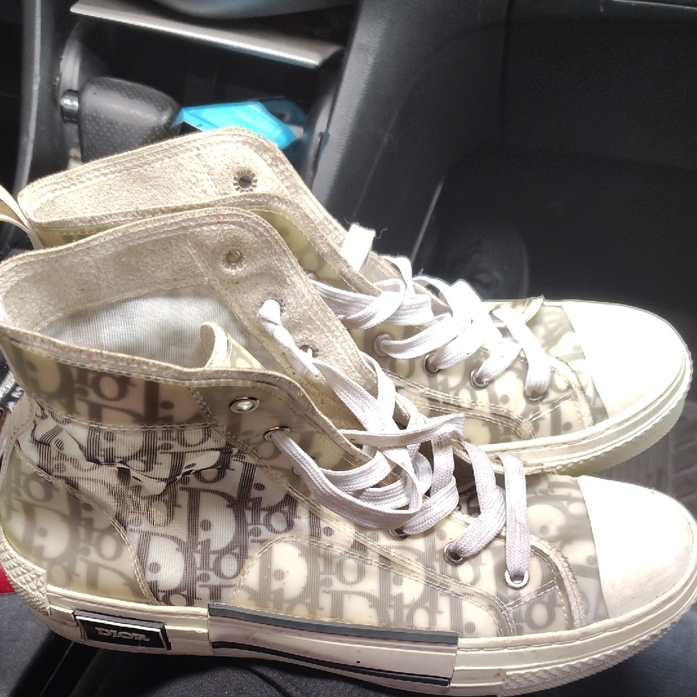 Dior Monogram High-Top Sneakers in Cream and Gray - Picture 1 of 2